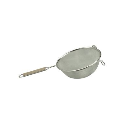 STRAINER SINGLE MED MESH 180mm WOODEN HANDLE TIN PLATED