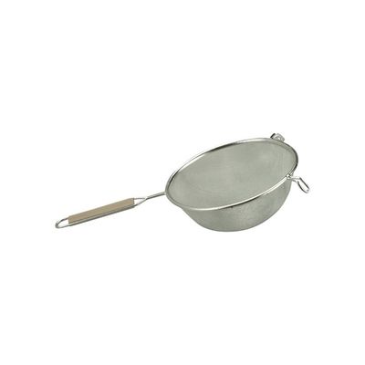 STRAINER SINGLE MED MESH 260mm WOODEN HANDLE TIN PLATED