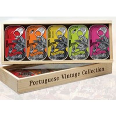 PORTHOS SARDINES WOODEN GIFT BOX INCLUDES 5 X 125g TINS